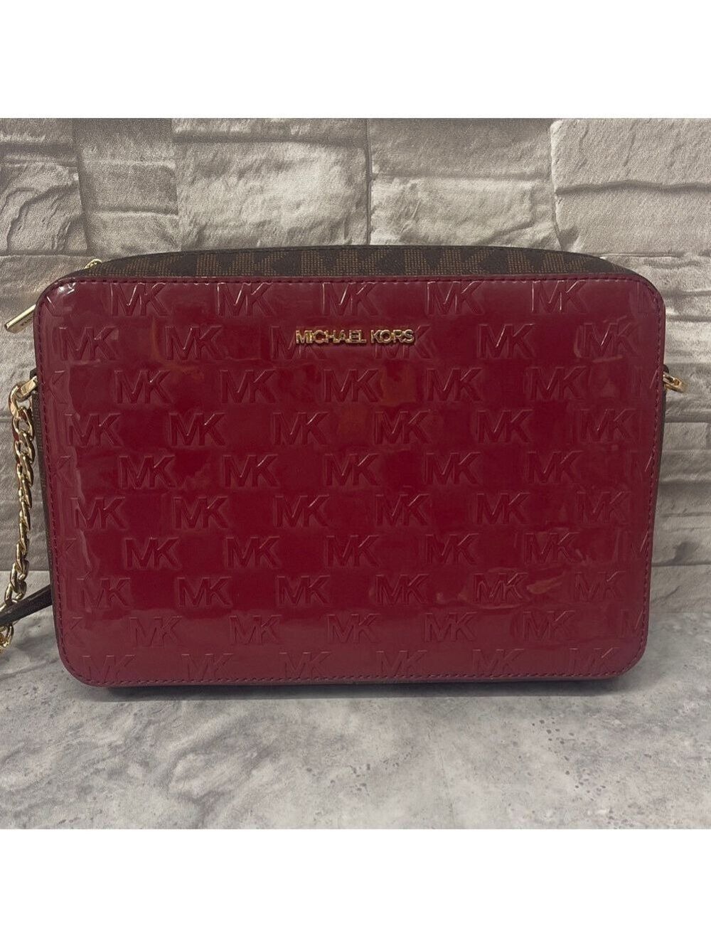 Michael Kors Burgundy Embossed Patent Leather Crossbody Bag & Wallet Set Berry - Picture 3 of 12